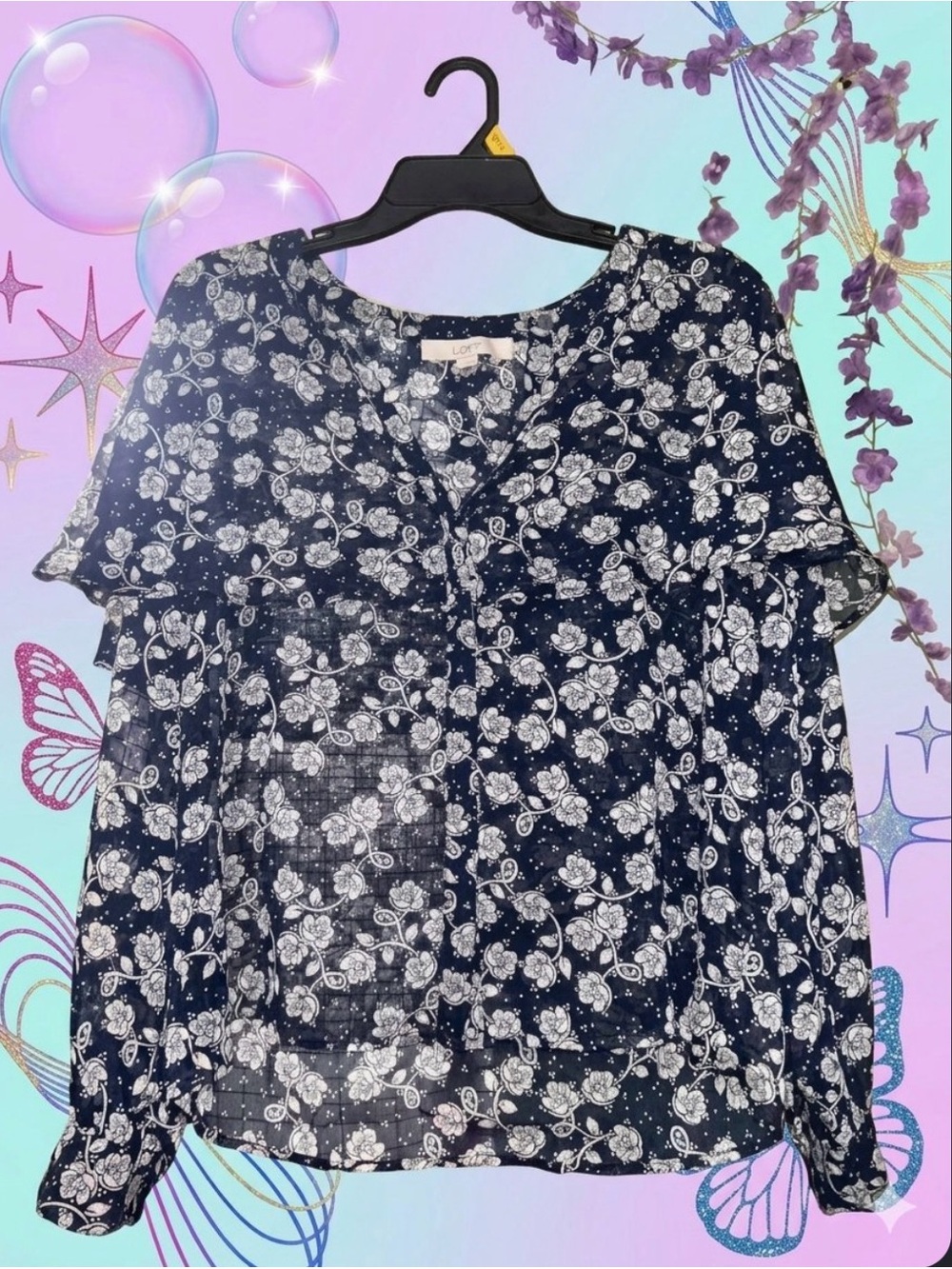LOFT Navy and White Floral Button-Front Blouse